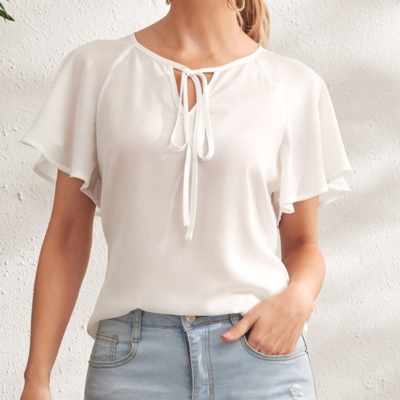 Bellanblue Tops - Bohemian White Solid Butterfly Sleeve Blouse Work Office